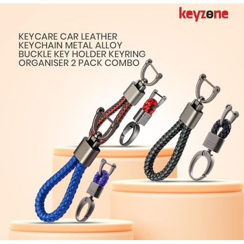Keycare Car Leather Keychain Metal Alloy Buckle Key Holder Keyring Organiser 2 Pack Combo (Leather Thread Black + Black Alloy Key Holder)