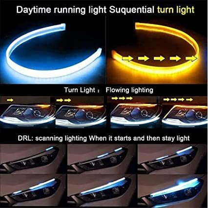 Eltron Turbo Elt9895Iojj Waterproof Sequential Flow Universal Dc Power Ultra-Fine 60Cm Drl | Daytime Running Light | Flexible | Soft | Tube Car Led Strip | Yellow And White Color (Pack Of 2)