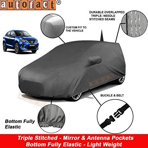 Autofact Car Body Cover For Maruti Baleno (2015 To 2021) With Mirror And Antenna Pocket (Light Weight, Triple Stitched, Heavy Buckle, Bottom Fully Elastic) (Maruti Baleno, Grey 2)