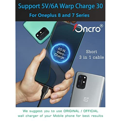 Oncro Type-C 50Cm Oneplus Short 3 In 1 Charging Cable Dash Warp 65W Car Multi Charger Power Bank Cord Type C Micro Usb I-Phone Port 6A Samsung Fast Charging With Wall Charger (No Data Transfer)