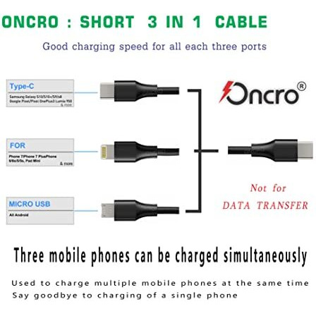 Oncro Type-C 50Cm Oneplus Short 3 In 1 Charging Cable Dash Warp 65W Car Multi Charger Power Bank Cord Type C Micro Usb I-Phone Port 6A Samsung Fast Charging With Wall Charger (No Data Transfer)
