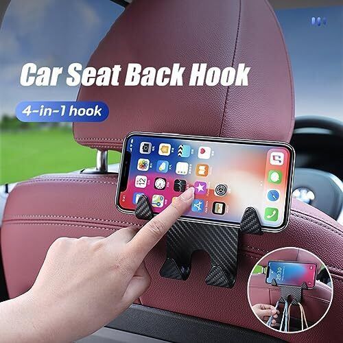 Home Cube 2 Pcs Car Backseat Headrest Hook With Mobile Phone Holder Car Back Seat Hooks For Purses, Water Bottle, Umbrellas, Cap, Shopping Bag, Grocery Bags - Black