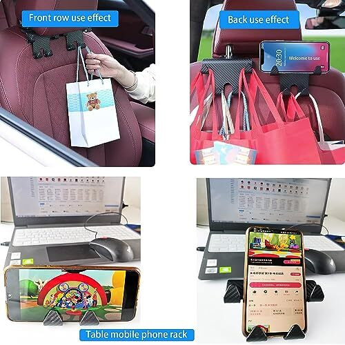 Home Cube 2 Pcs Car Backseat Headrest Hook With Mobile Phone Holder Car Back Seat Hooks For Purses, Water Bottle, Umbrellas, Cap, Shopping Bag, Grocery Bags - Black
