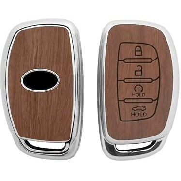 Keyzone Woodgrain Tpu Key Cover & Keychain For Hyundai Alcazar, Creta 4 Button Smart Key (Walnut Brown)