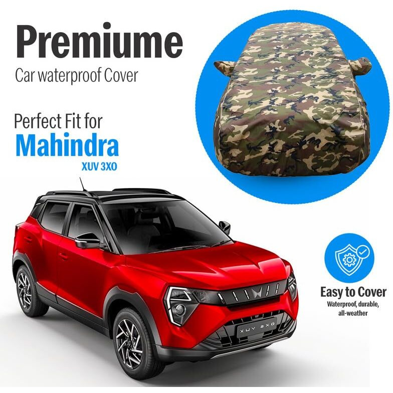 Autofact Mahindra Xuv 3Xo Waterproof Car Cover  Jungle Print 4X4 American Matty, All-Weather Protection, Triple-Stitched, Windproof With Buckle Belt, Dustproof & Scratchproof, Uv Resistant Gold