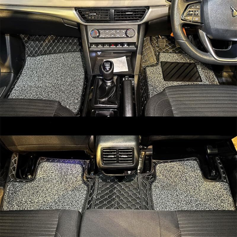 Autofusion Universal Premium 7D Leather Car Foot Mat Compatible With Ford Ecosport | Washable And Non-Slip | Comfortable And Scratch Proof | Color Black/Silver