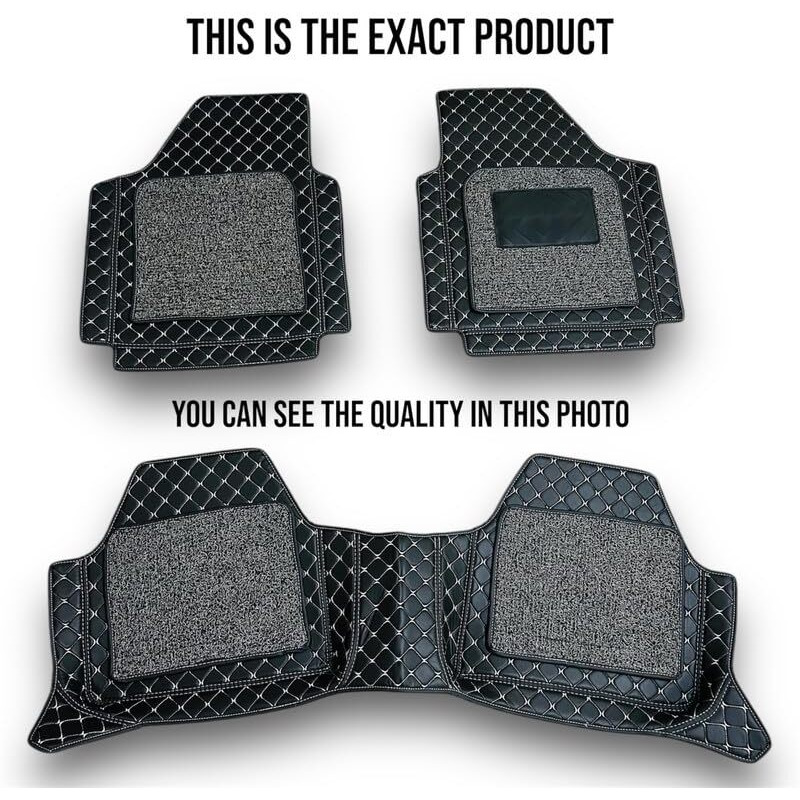 Autofusion Universal Premium 7D Leather Car Foot Mat Compatible With Ford Ecosport | Washable And Non-Slip | Comfortable And Scratch Proof | Color Black/Silver