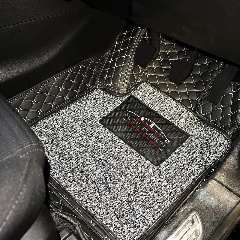 Autofusion Universal Premium 7D Leather Car Foot Mat Compatible With Ford Ecosport | Washable And Non-Slip | Comfortable And Scratch Proof | Color Black/Silver