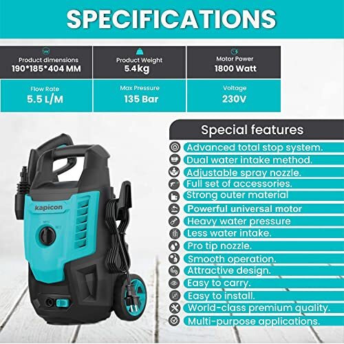 Kapicon Kp-30 Portable High Pressure Car Washer Machine, Motive Power 1800 Watts With Max Pressure 135-160 Bars, 5.5 L/Min Flow Rate, Portable For Car, Bike And Home Cleaning Purpose. (Updated Model)