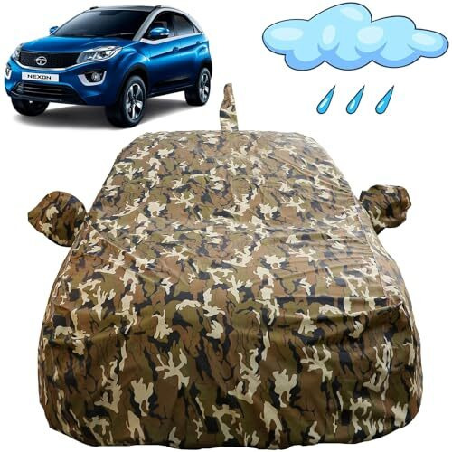 Nexon Waterproof Car Cover With Mirror & Antenna Pockets, Jungle Print Army Design, 4X4 American Matty,Triple Stitched, Compatible With Tata Nexon Car Cover (2017 To 2024), Nexon Car Accessories
