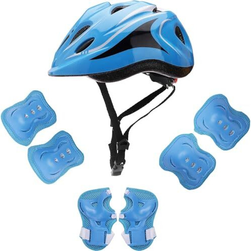 Jern 7 Pieces Kids Children Roller Skating Bicycle Cycling Scooter Helmet Knee Elbow Pad Wrist Guard Set (Blue)