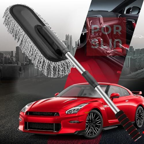 Porslin Super Soft Premium Microfiber Car Duster With Extendable Long Handle Wet & Dry Scratch-Free Car Cleaning For All Vehicles Multipurpose Dust Cleaner Car Wash Brush For Home, Office (Grey)