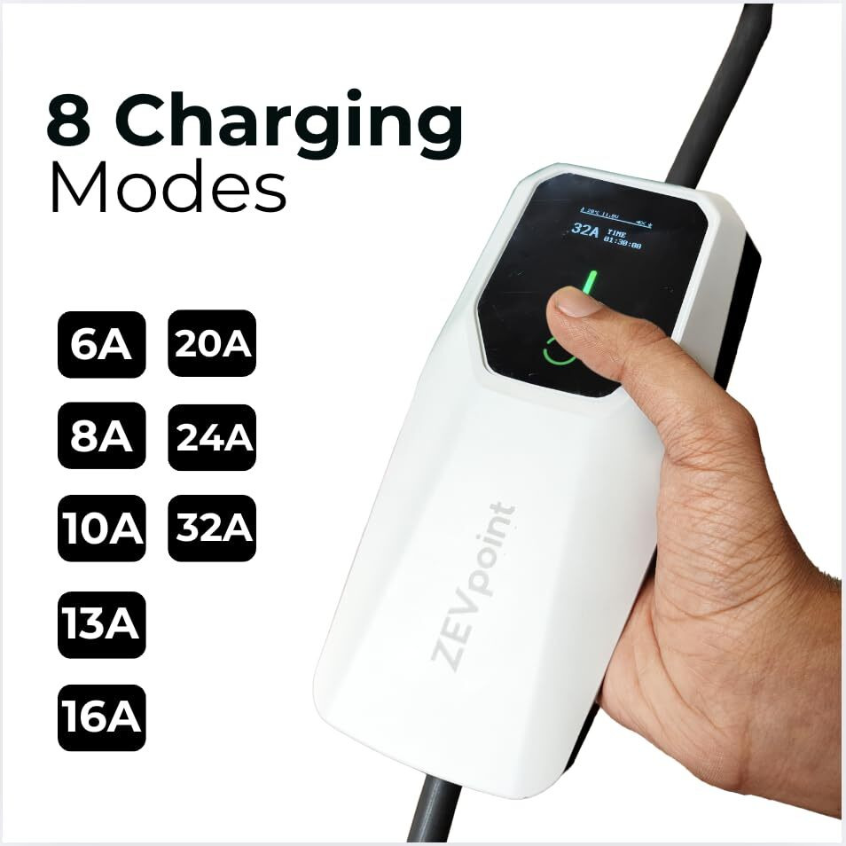 Zevpoint 7.2 Kw Ev Charger | Carry Bag + Holder Clips + Cee Socket | 32A, Waterproof | 5M Cable, 3 Display | Adjustable Power | Auto Cut, Overload & Earthing Protection | 5-Yr Warranty | Dash