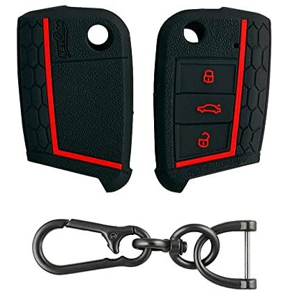 Keycare Silicone Key Cover & Keychain Compatible For Volkswagen Virtus, Tiguan, Taigun, Jetta, T-Roc 3 Button Flip Key (Black With Zinc Alloy)