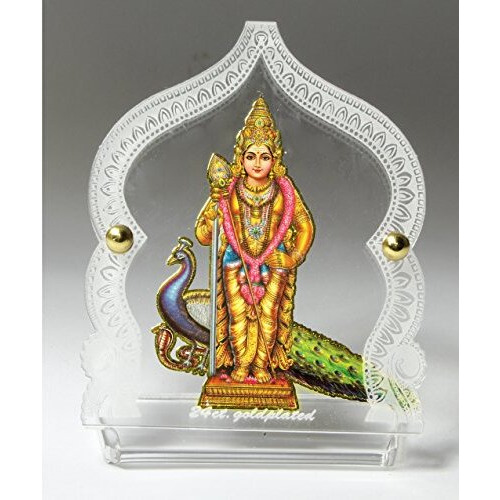 Eknoor 24 Carat Goldplated Idol Foil On Acrylic Base- Lord Swami Kartikeya Ji With Peacock For Car Dashboard And Pooja Ghar, Religious