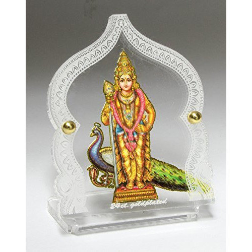 Eknoor 24 Carat Goldplated Idol Foil On Acrylic Base- Lord Swami Kartikeya Ji With Peacock For Car Dashboard And Pooja Ghar, Religious