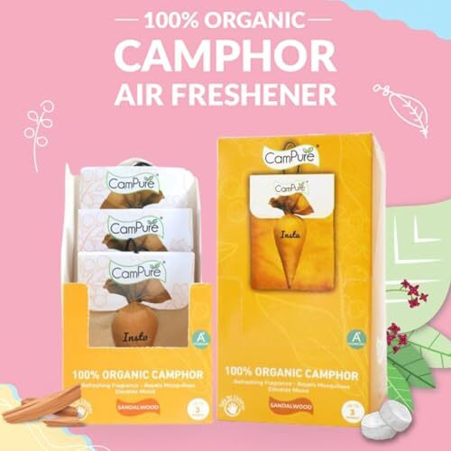 Campure Camphor Insta Pouch (Sandalwood) Pack Of 3-100% Organic | Air Freshener For Car, Wardrobe, Office Cabin's, Drawers, Travel Bag & Bathroom