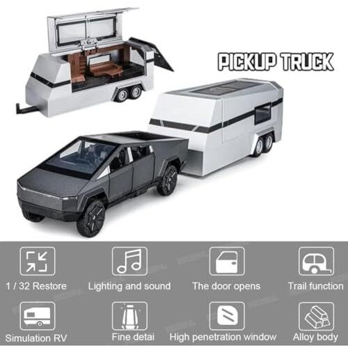 Vikrida 1/32 Pickup Trailer Rv Model Kit, Off-Road Vehicle Alloy,Car Model Diecast Metal Toy,Truck Model Simulation Sound Light,Gifts For Boy Girl (Black)