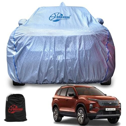 Garrege Tata Safari New Model Car Body Cover For Waterproof With Mirror Pocket And Soft Cotton Lining Elastic In Four Places Triple Stitched (Metallic Silver With Blue Piping Style)