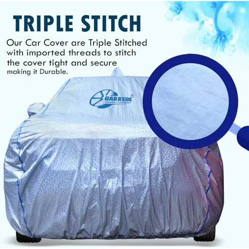 Garrege Tata Safari New Model Car Body Cover For Waterproof With Mirror Pocket And Soft Cotton Lining Elastic In Four Places Triple Stitched (Metallic Silver With Blue Piping Style)