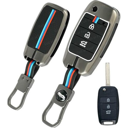 Coll Of Fest Metal Silicon Key Cover Compatible For Kia Carens | Sonet | Seltos 3 Button Flip Key Cover Full Metal Protections Special Feature Visible In Low-Light Conditions