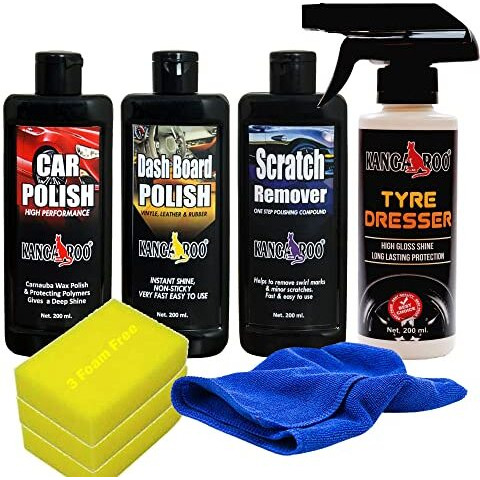 Kangaroo Car Care Kit (Tyre Dresser + Car Polish + Dashboard Polish + Scratch Remover) With 3 Sponge And 1 Micro Fiber Towel Total Your Car Care Pack
