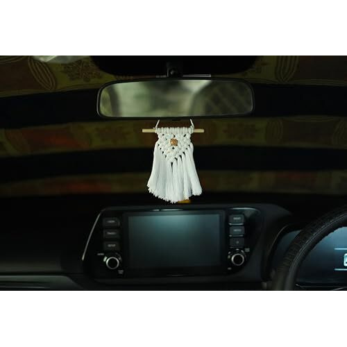 The Urban Artistic White Macrame Handmade Car Hanging Rear View Mirror Decor Ornament Accessories | Pack Of 1