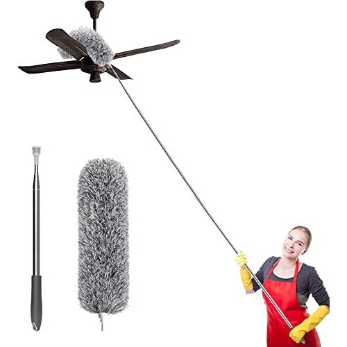 Hallstatt 2025 Upgraded Long Handle Microfiber Feather Ceiling Duster For Dust Cleaning With Extendable Pole 100 Inch With Anti Scratch Bendable Brush For Cleaning High Cobweb Stick High Ceiling Fan