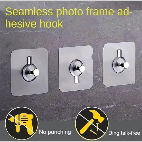 Misamo Enterprise Wall Hooks Without Drilling Waterproof Hooks For Bathroom Shower Kitchen Keys Door Outdoor Home Improvement Utility Hook (Pack Of 10, Photo Frame Hook) Clear, Stainless Steel