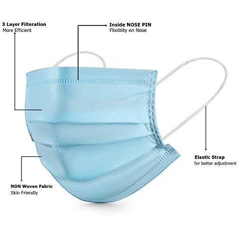 Asgard Melt-Blown Fabric Disposable Face Mask With Nose Clip (Blue, Pack Of 100) For Unisex