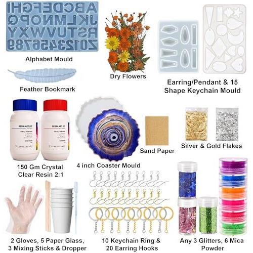 Trendikraft 116Pcs Ultimate All-In-One Resin Art Kit With 5 Silicone Moulds Dried Flowers Epoxy Raisin Materials For Making Alphabet Pendant Keychain Earrings Bookmarks & 4" Coaster For Diy Beginners