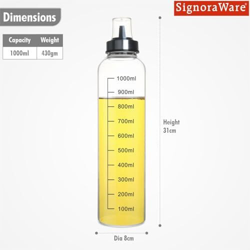 Signoraware Even Flow 1000Ml Borosilicate Glass Oil Dispenser And Pourer With Measurement, Transparent And Pointer Oil Nozzle With Covering Lid, Leakproof Spill Proof, Easy Refill (1 Litre, Set 1)