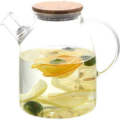 Fitsflair Glass Water Jug With Wooden Lid, Drinking Beverage Pitcher With Cap, 2 Litre, Set Of 1