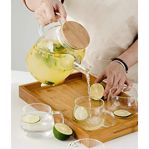 Fitsflair Glass Water Jug With Wooden Lid, Drinking Beverage Pitcher With Cap, 2 Litre, Set Of 1