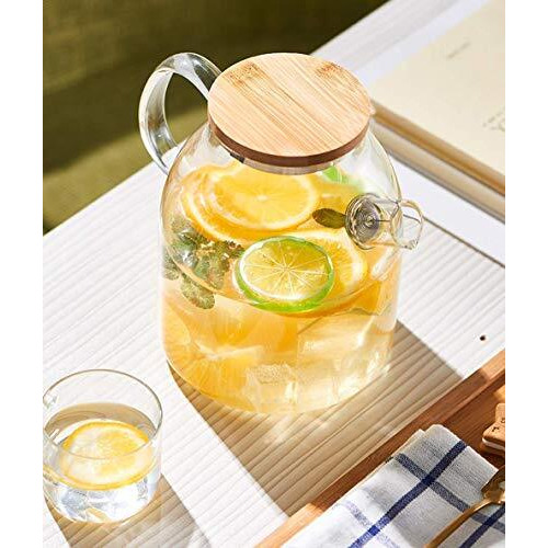 Fitsflair Glass Water Jug With Wooden Lid, Drinking Beverage Pitcher With Cap, 2 Litre, Set Of 1