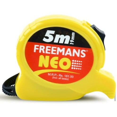 Freemans Neo 5M19Mm Steel Inchi Pocket Measuring Tape With Unbreakable Abs Case, Click-Action Front Lock, Finger Stop Protection, Hand Strap And Belt Clip