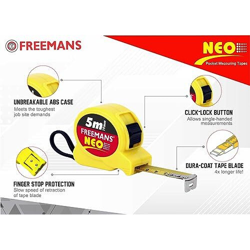 Freemans Neo 5M19Mm Steel Inchi Pocket Measuring Tape With Unbreakable Abs Case, Click-Action Front Lock, Finger Stop Protection, Hand Strap And Belt Clip