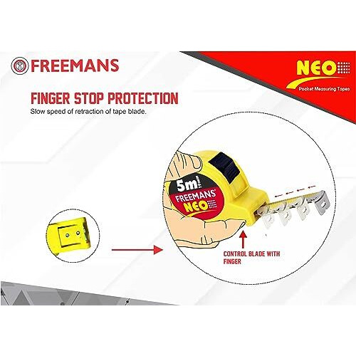 Freemans Neo 5M19Mm Steel Inchi Pocket Measuring Tape With Unbreakable Abs Case, Click-Action Front Lock, Finger Stop Protection, Hand Strap And Belt Clip