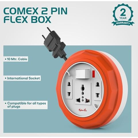 Fybros Comex 2 Pin Extension Cord, Extension Box,Thermal Protection,Power Indicator,6 Amp Output, 2 Year Warranty, 10 Meter Heavy Duty Cable, Surge And Spike Guard (Multicolor) - Made In India