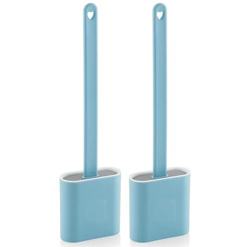 Mhr Silicon Toilet Brush With Plastic Holder Slim Flex Toilet Cleaner Brush Anti-Drip Set, No-Slip Long Handle Soft Silicone Brush (2, Blue)