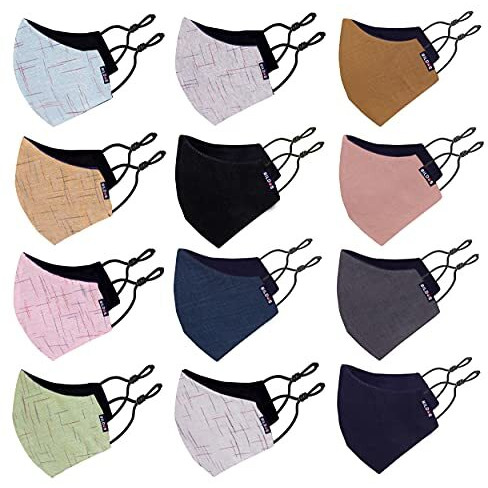 Bildos Cotton Unisex Super Breathable Cloth Face Mask With Adjustable Ear Loop (Multicolour) - Pack Of 12
