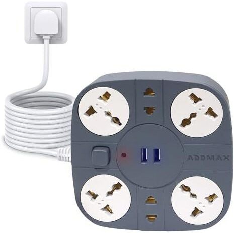 Addmax Extension Cord With Usb Port  10 Amp 220V-50/60Hz [6 Socket Outlet With 2 ] [Fire Flame Proof] [Usb Charging Port][1.8 Meter Cord] Multi Plug Extension Board For Home Office (Grey)