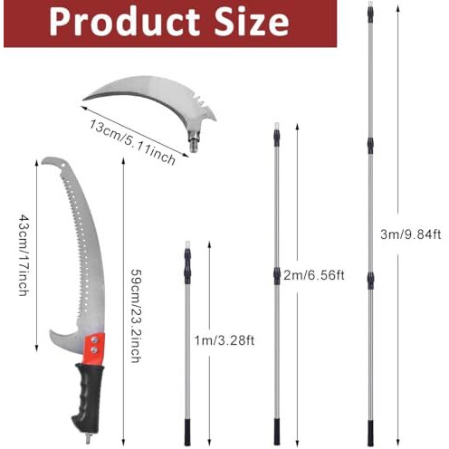 Optifit Telescopic Manual Pruning Saw - 9.8Ft Extendable Stainless Steel Pole Saw With Curved Hooked Blade - Manual Tree Pruner For Thick Branches