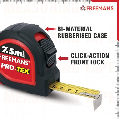Freemans Pro-Tek 7.5M25Mm Steel Inchi Pocket Measuring Tape With Non Slip Rubber Covered Abs Case, Click-Action Front Lock, Pause Button, Hand Strap And Belt-Clip