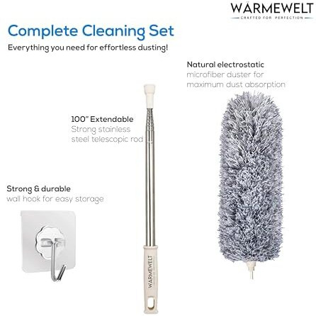 Warmewelt Fan Cleaning Mop With Long Rod, Microfiber Feather Duster For Home, Cleaning Brush With Long Handle, Upgraded Bendable Extendable 100-Inch Pole For Ceiling Fans, Blinds, Furniture, Cobwebs