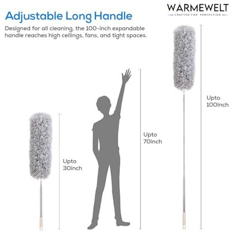 Warmewelt Fan Cleaning Mop With Long Rod, Microfiber Feather Duster For Home, Cleaning Brush With Long Handle, Upgraded Bendable Extendable 100-Inch Pole For Ceiling Fans, Blinds, Furniture, Cobwebs