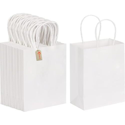 Aakriti Kraft Paper Bags With Handles, White Small Gift Bags Bulk, Retail Bags, Shopping, Birthday Wedding Party Favour, Merchandise | Small Size 7X3.5X8.5 Inch White (Pack Of 10)