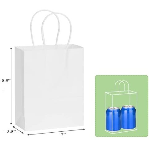 Aakriti Kraft Paper Bags With Handles, White Small Gift Bags Bulk, Retail Bags, Shopping, Birthday Wedding Party Favour, Merchandise | Small Size 7X3.5X8.5 Inch White (Pack Of 10)