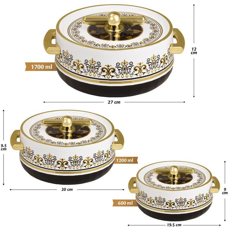 Selvel Elegance Royal Inner Steel Casserole Set Of 3 (1700Ml, 1200Ml, 600Ml) | P.U. Insulation Hot Case | Hot Pot Keeps Food Hot & Fresh For Long Hrs | Hot Box For Chapati, Roti, Biryani And More | Coral Black
