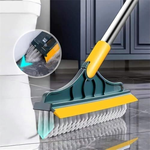 Bathroom Tiles Cleaning Brush With Wiper 2 In 1 With Long Handle 120 Rotate Bathroom Floor Cleaning Brush Floor Scrub Brush Home (Yellow Brush)